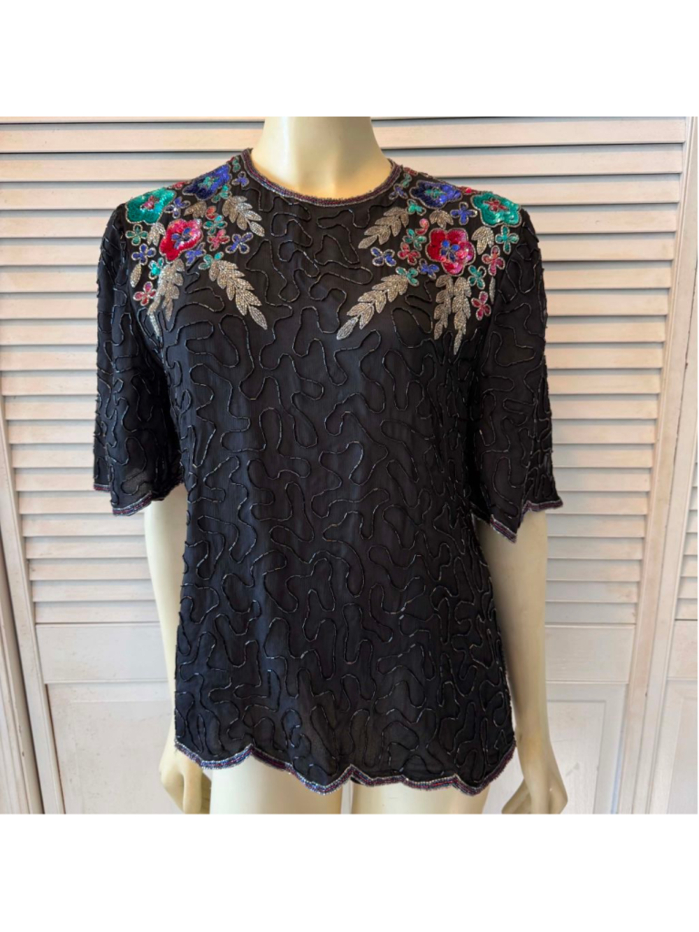 Vintage Laurence Kazar New York Black Multicolor Beaded Silk Blouse M